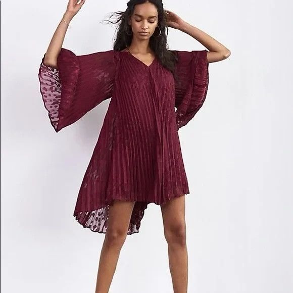 Anthropologie Toulon Pleated Swing Mini Dress Size XL Burgundy - Picture 1 of 10